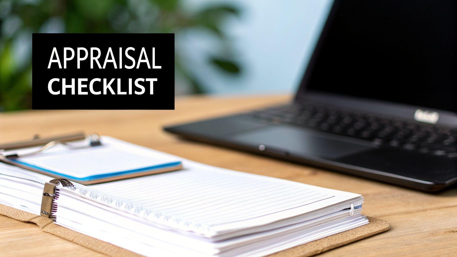 A black sign with 'APPRAISAL CHECKLIST' text sits on a wooden desk with a laptop and documents.