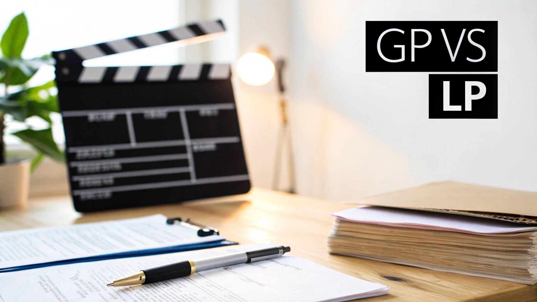 A desk setup featuring a film clapboard, documents, a pen, and 'GP VS LP' text.