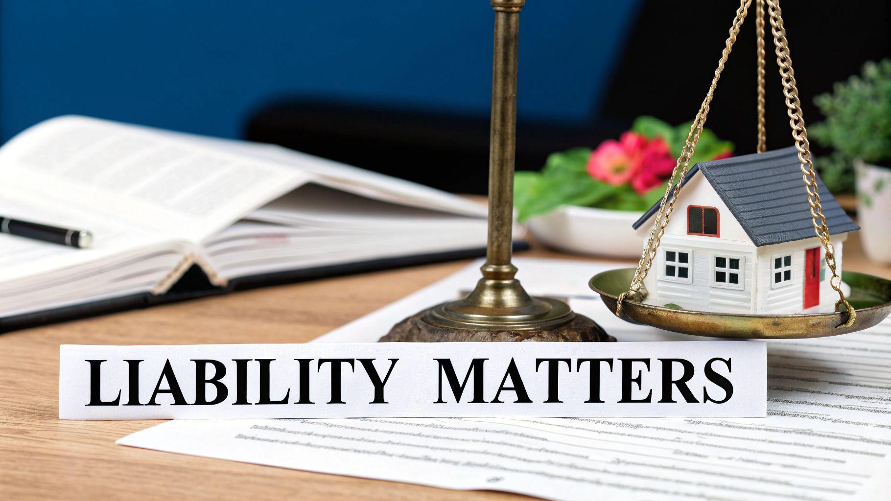 A sign reading 'LIABILITY MATTERS' sits before a justice scale balancing a house, representing property and legal considerations.