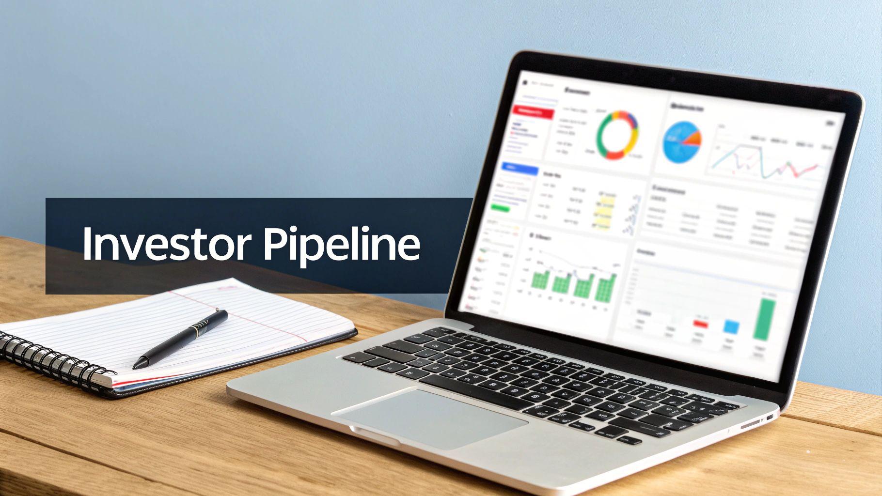 Laptop displaying financial data dashboards, alongside a notebook and pen, with 'Investor Pipeline' text.