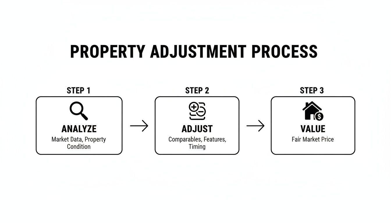 Flowchart illustrating the property adjustment process: Analyze, Adjust, and Value for fair market price.