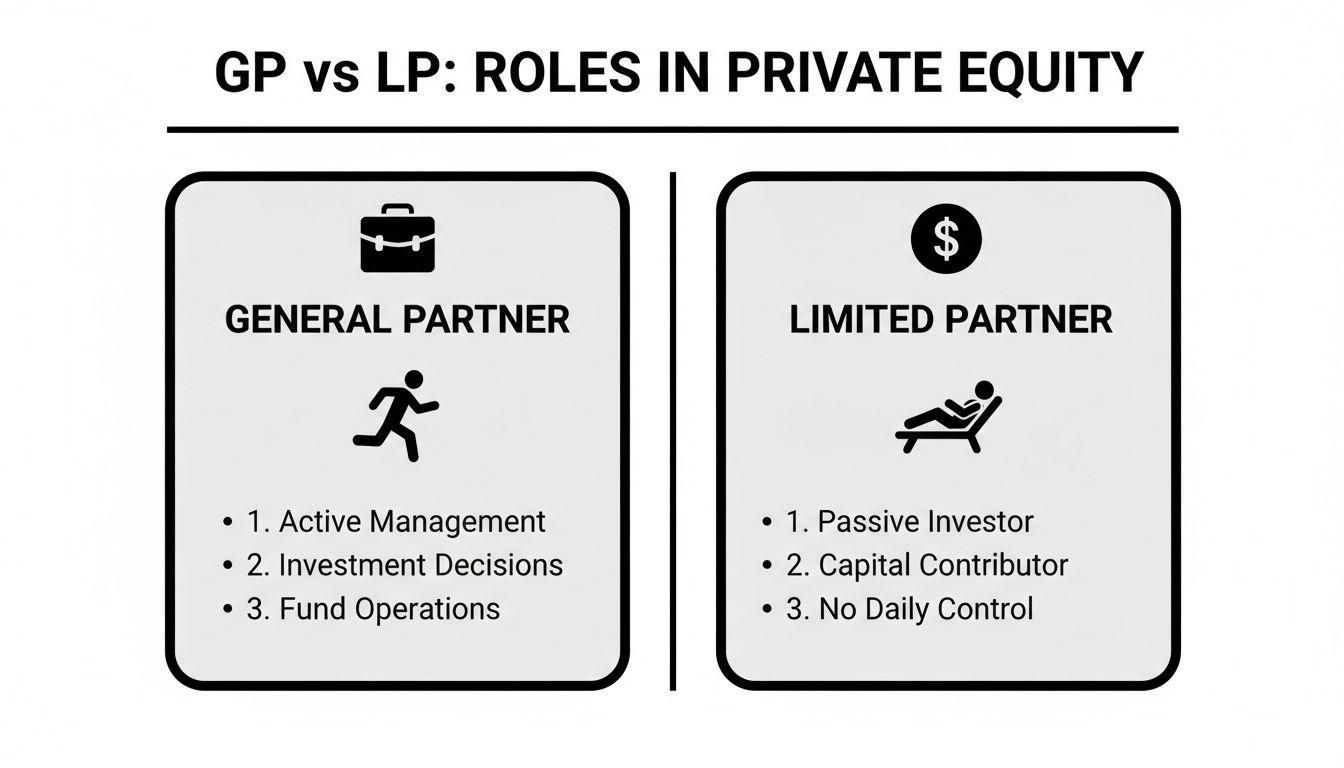 An infographic comparing the distinct roles and responsibilities of General Partners (GP) and Limited Partners (LP) in private equity.