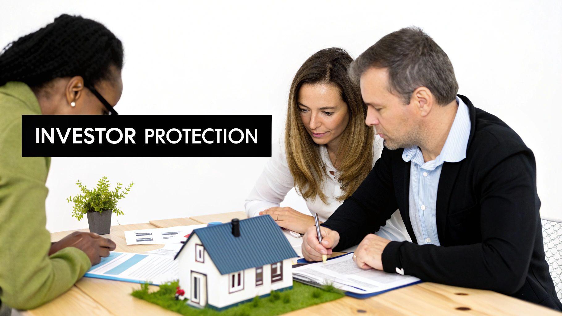 Three professionals discussing property investment with a model house and documents, banner 'INVESTOR PROTECTION'.