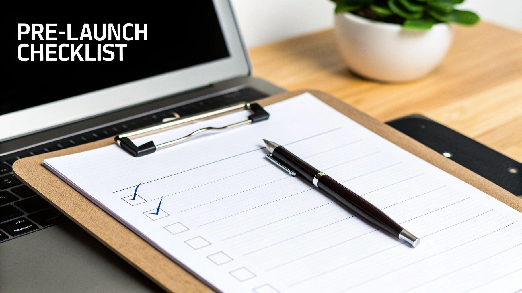 A pre-launch checklist displayed on a laptop screen, with a clipboard and pen on a wooden desk. Two items are checked on the paper.