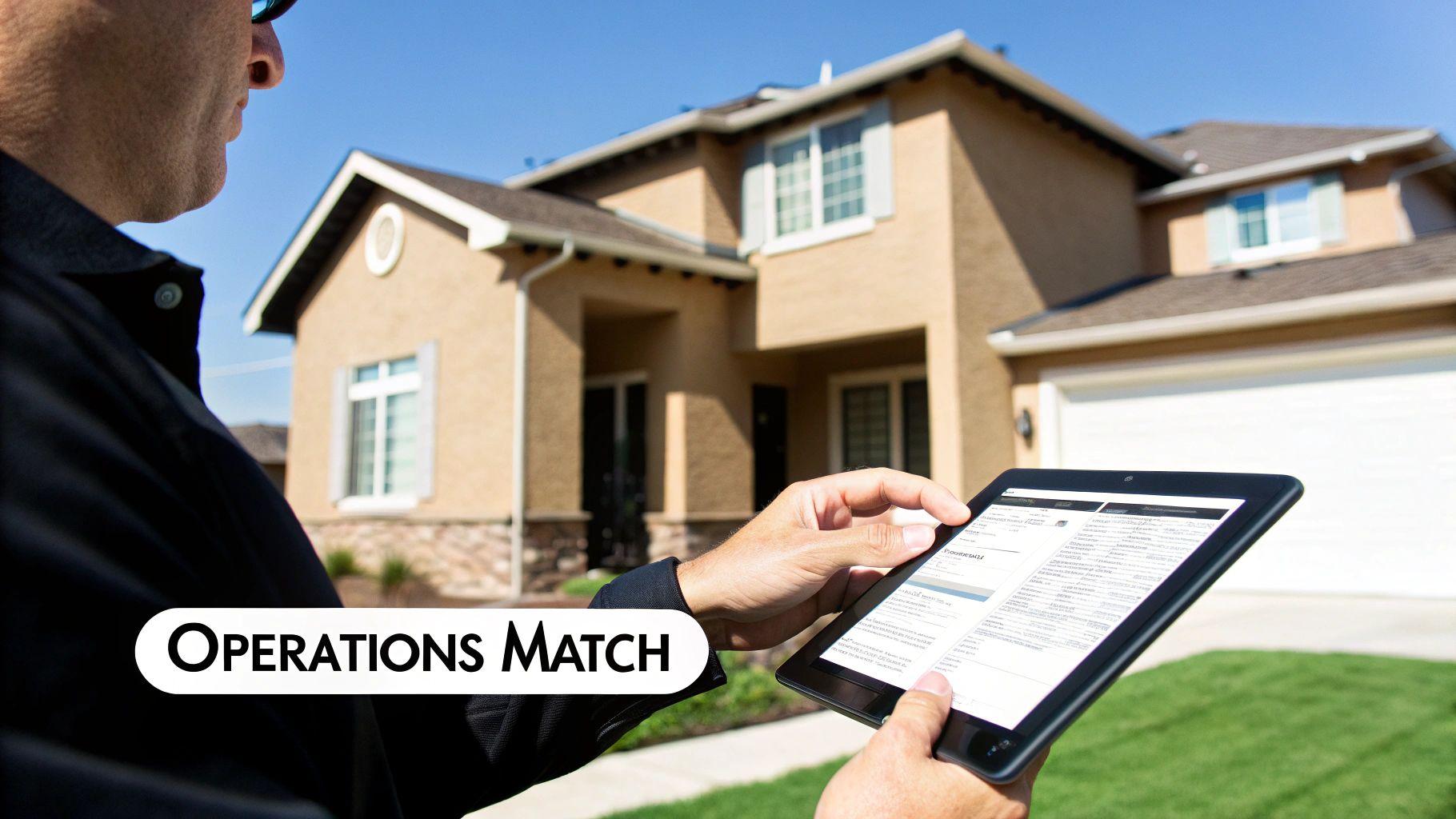 A person reviews information on a tablet in front of a modern single-family home.