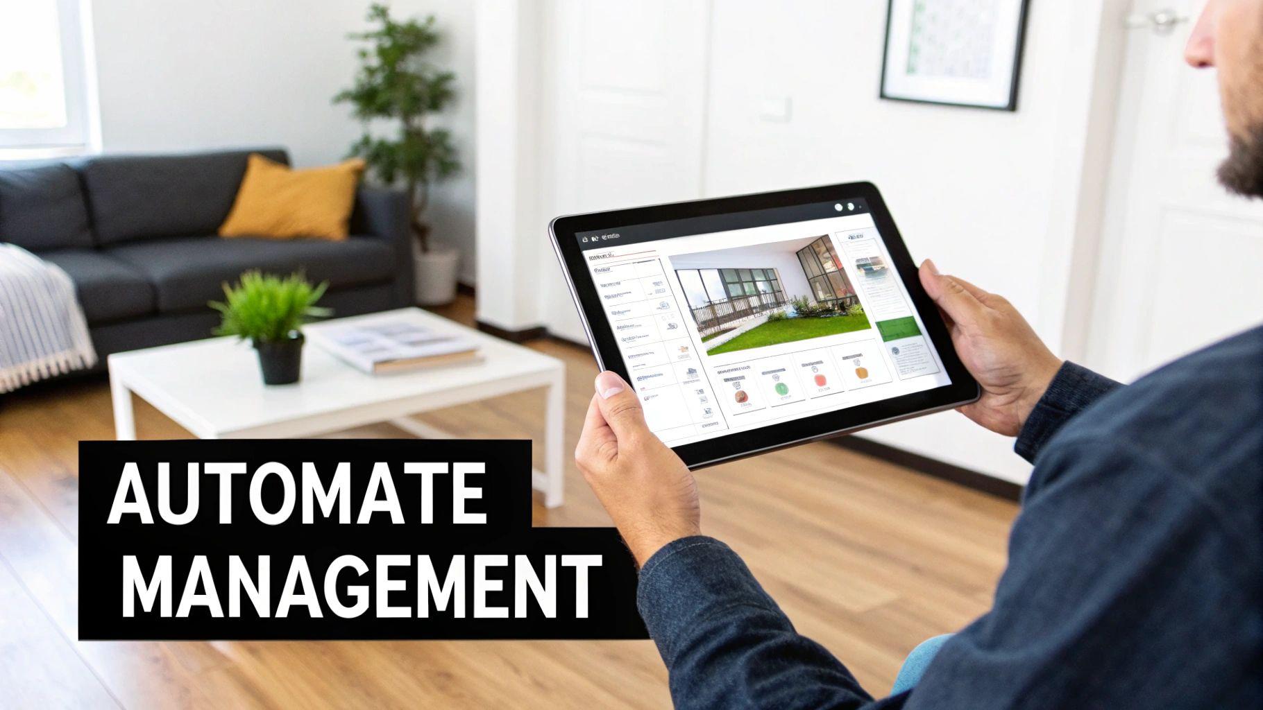 Person using a tablet to view and manage a modern house property on a smart home interface.