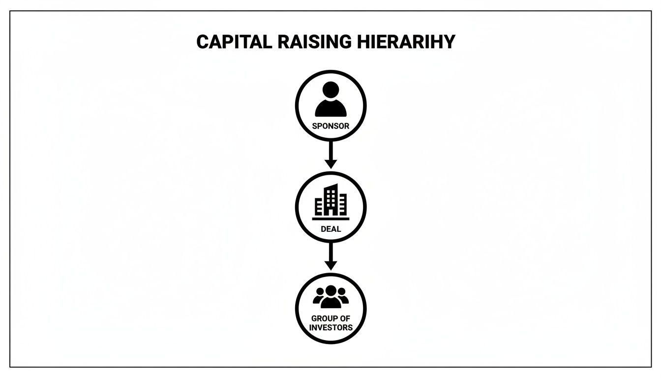 A black and white hierarchy diagram illustrates the flow of capital from a sponsor to a deal to a group of investors.