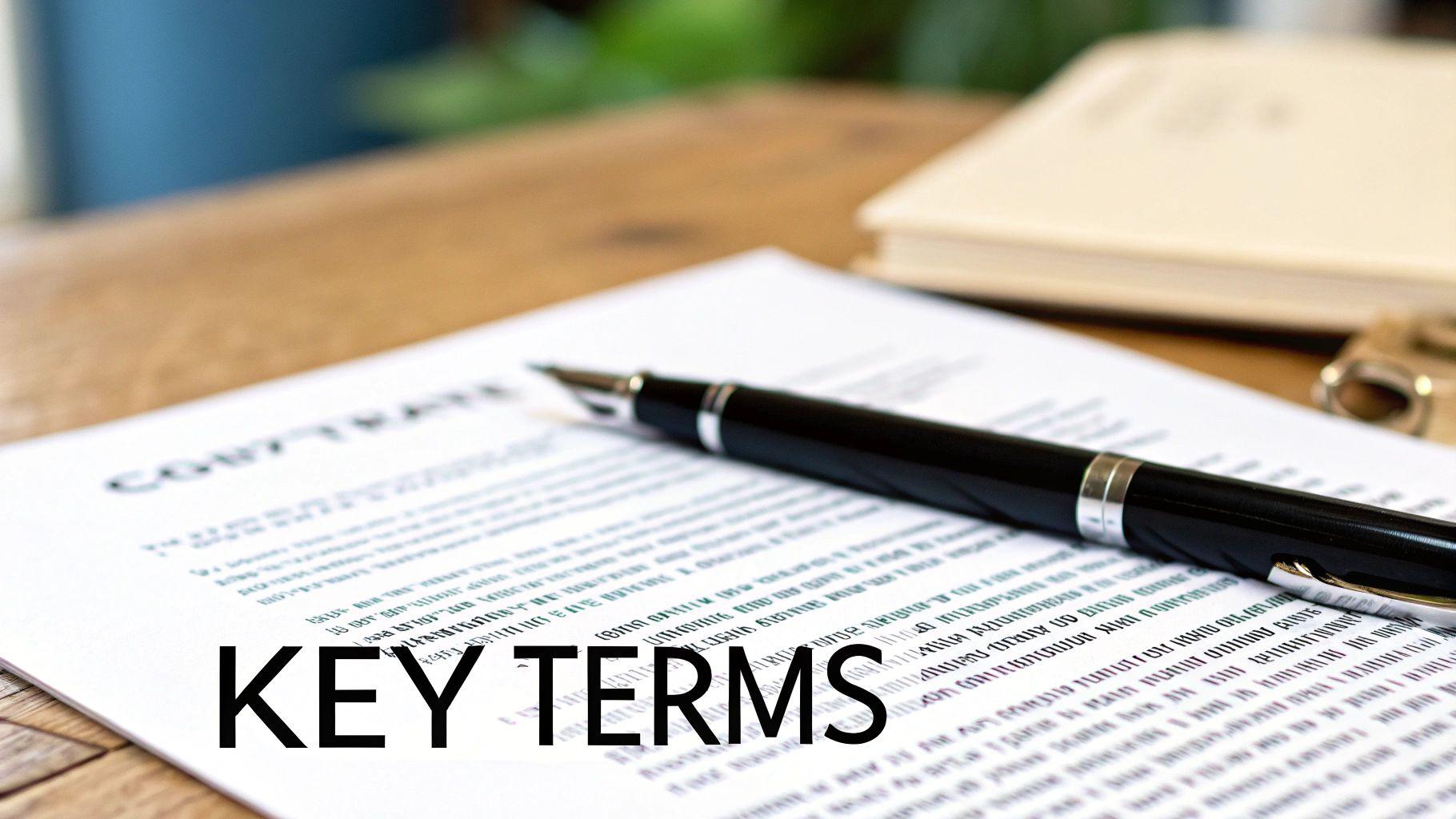 Legal contract document with black pen on wooden desk representing key terms and conditions