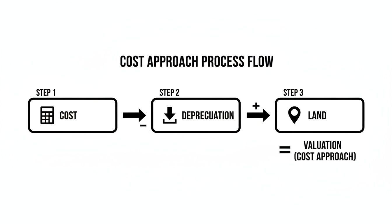 A flowchart illustrates the cost approach process for real estate valuation, detailing cost, depreciation, and land.