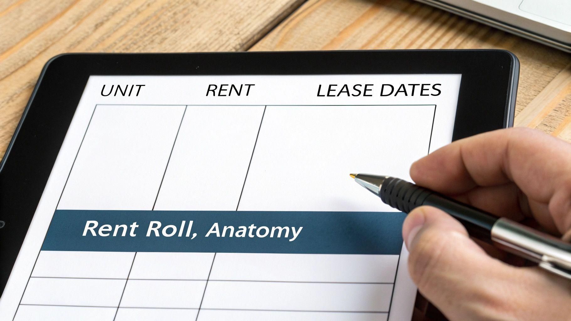 A hand with a pen reviewing a digital rent roll document on a tablet displaying unit, rent, and lease dates.