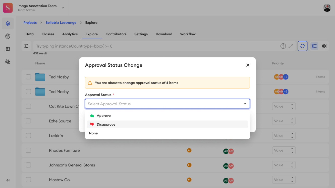 approval status in the pop-up window