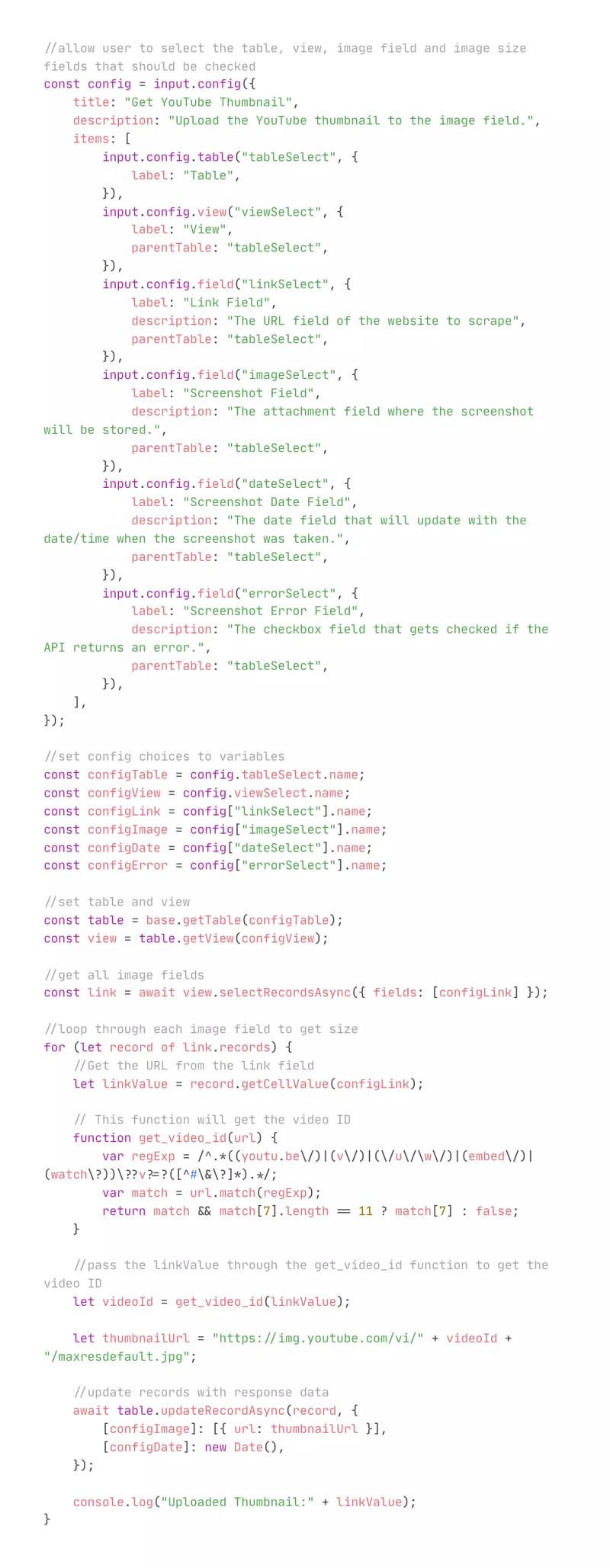 Get YouTube Thumbnails w/ Airtable Script