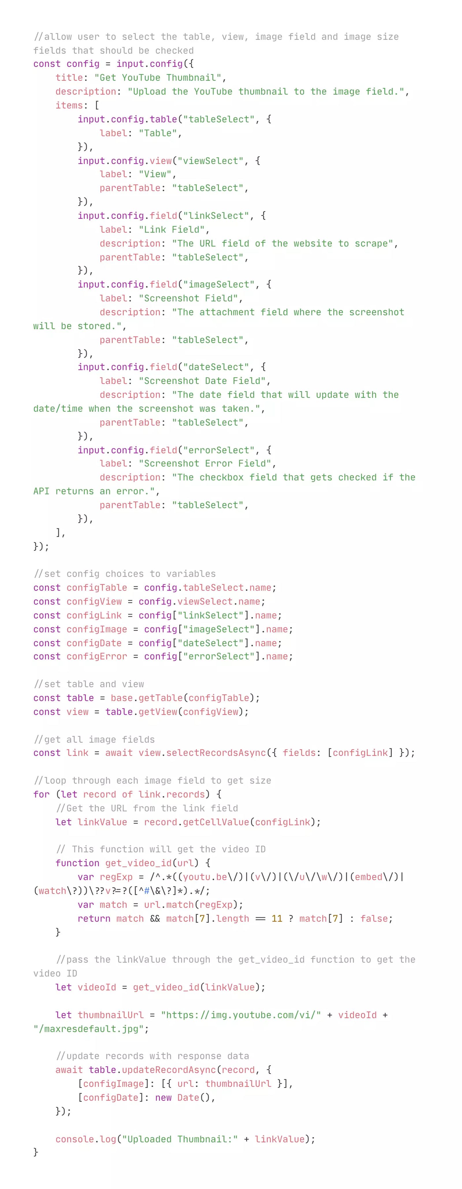 Get YouTube Thumbnails w/ Airtable Script