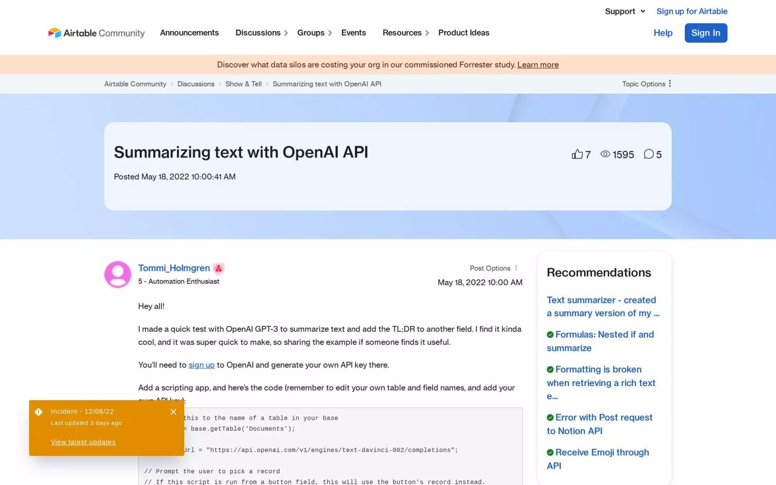 Summarize Airtable Text with OpenAI