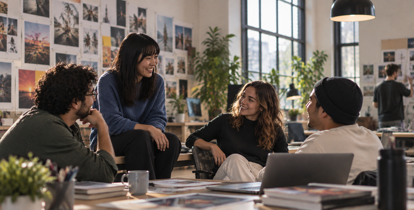 Creative team talking around a laptop in a studio walled with printed campaign imagery