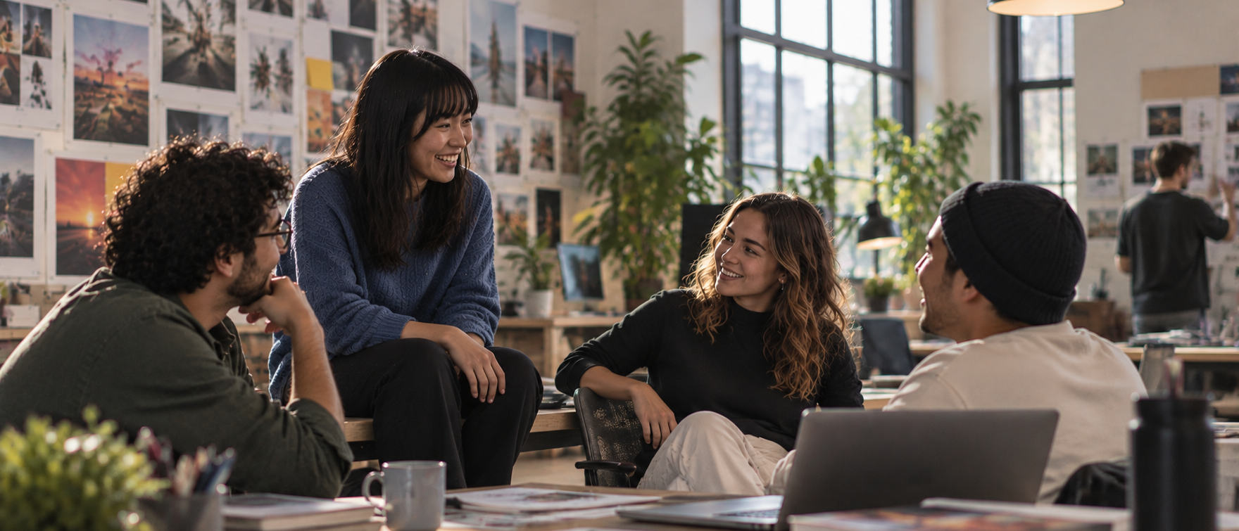 Creative team talking around a laptop in a studio walled with printed campaign imagery