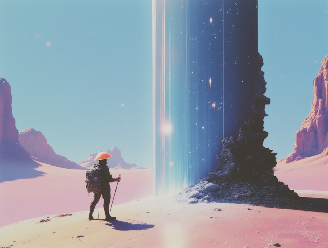 Traveller in surreal desert illustration representing NAATI translation for Australian visa and immigration