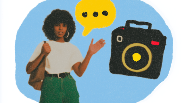 Person with camera icon illustration representing multilingual video production for diverse audiences