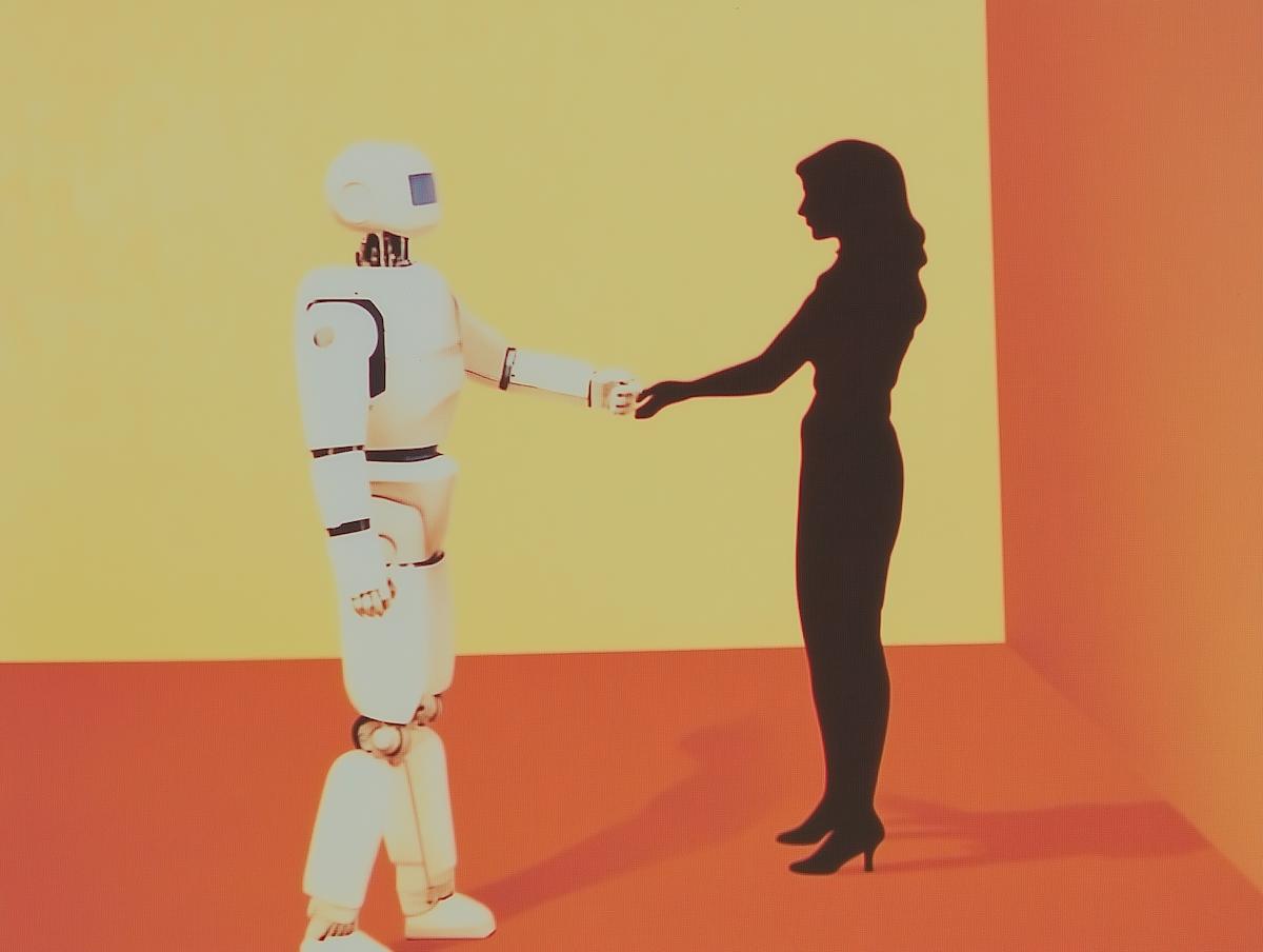 Robot and human interaction illustration representing the comparison between human and machine translation