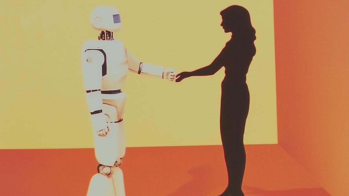 Robot and human interaction illustration representing the comparison between human and machine translation
