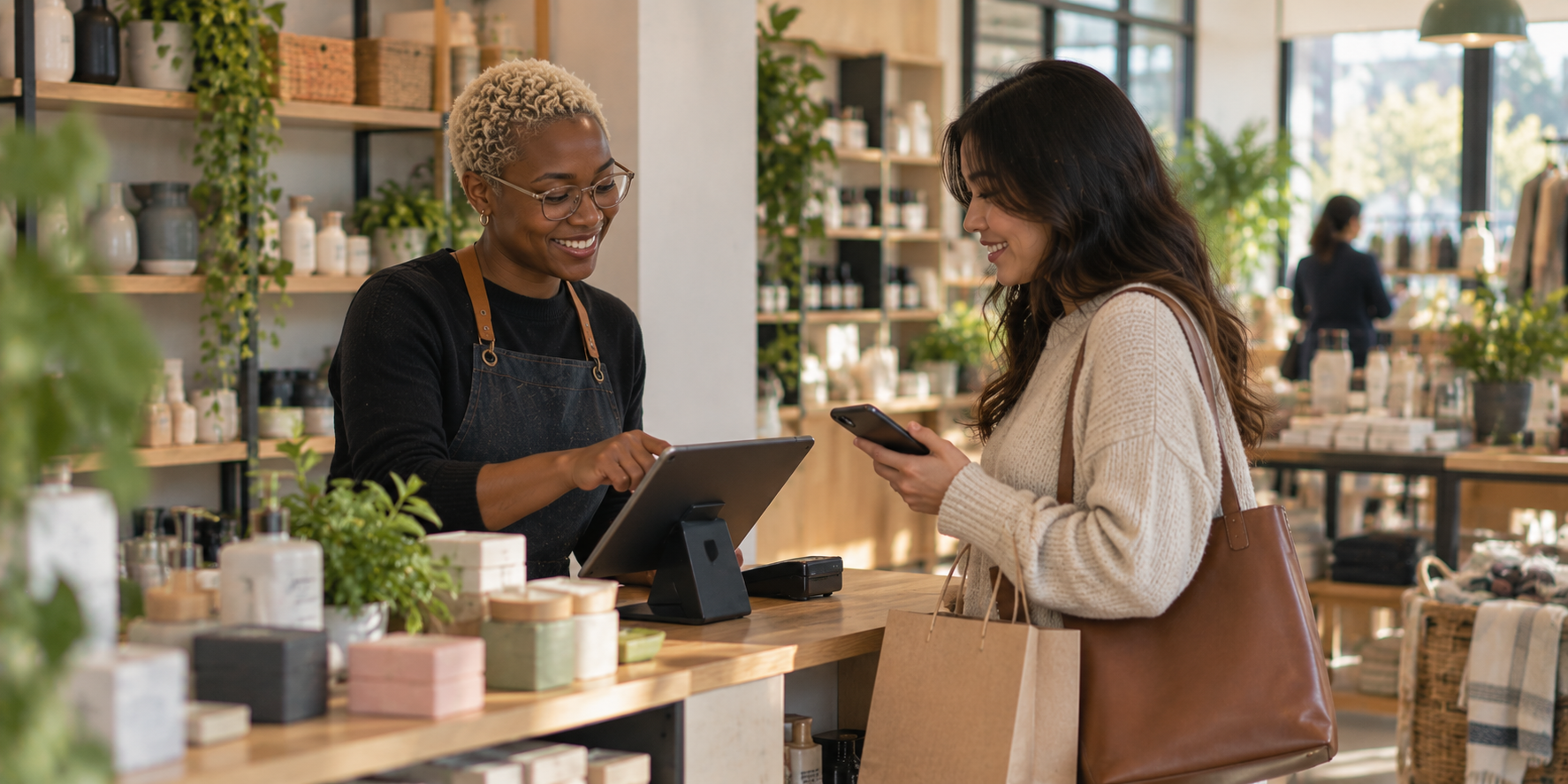 Store assistant taking a payment at the counter while a customer checks their phone
