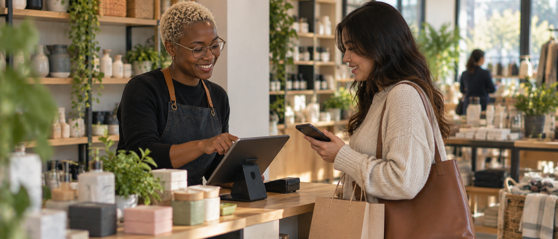 Store assistant taking a payment at the counter while a customer checks their phone