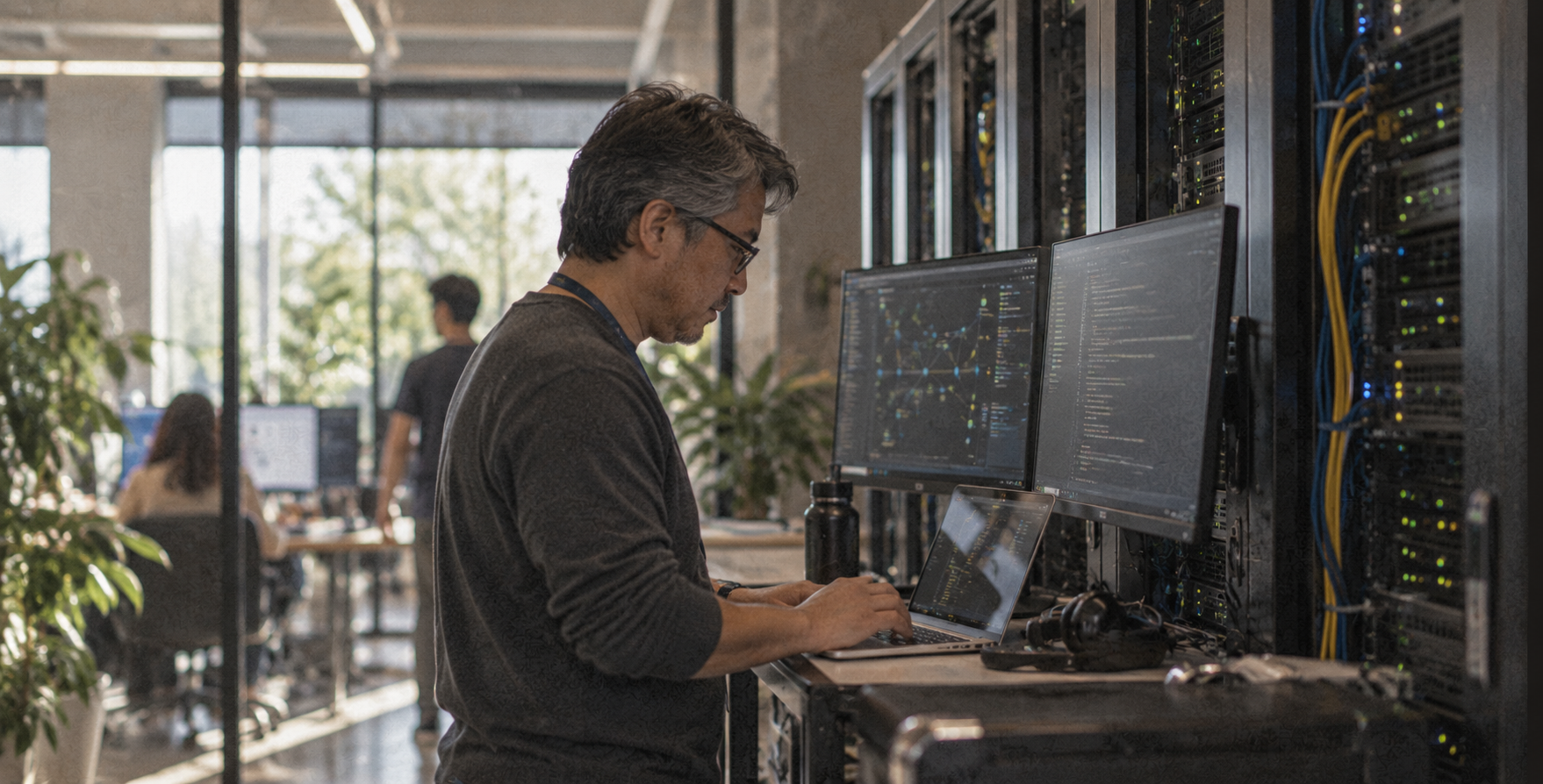 Engineer working on a laptop between monitors and server racks in an open office