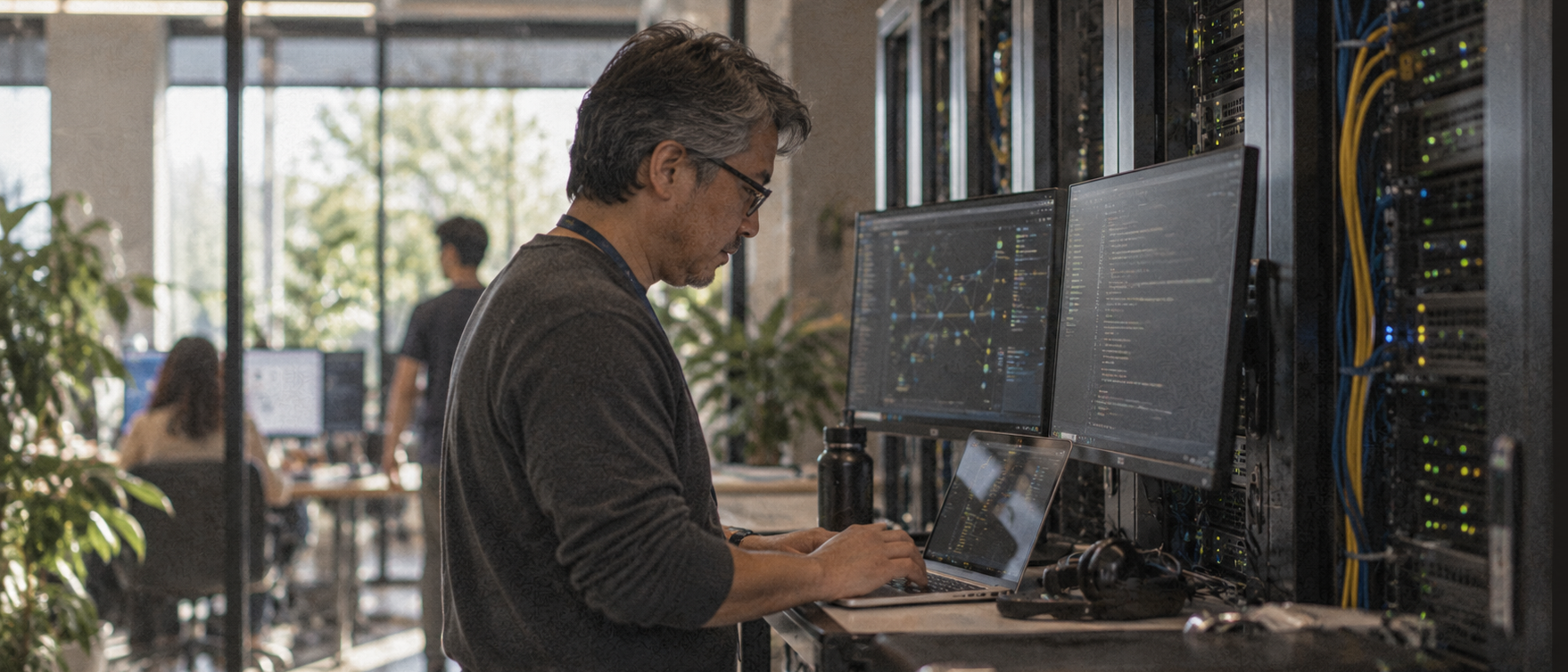 Engineer working on a laptop between monitors and server racks in an open office
