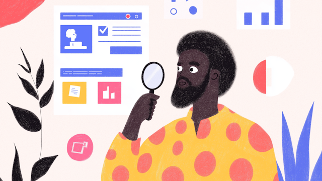 Curious investigator illustration representing the comparison between Google Translate and professional website translation