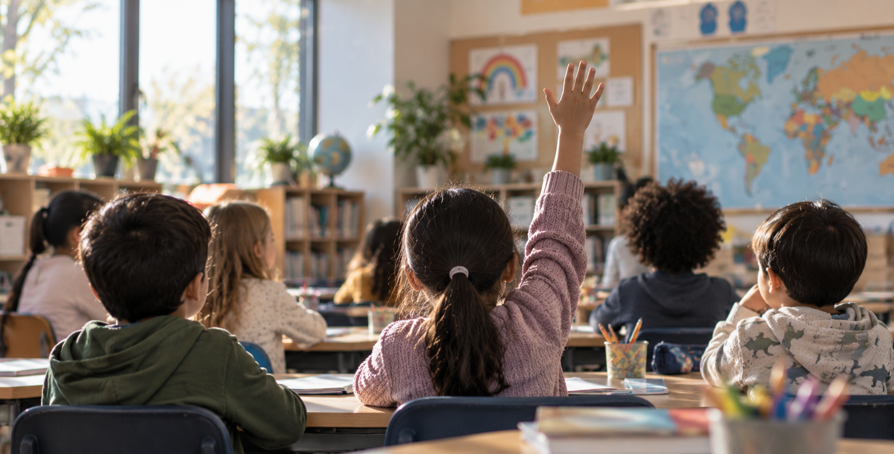 Primary school student raising a hand in class, a world map on the wall ahead