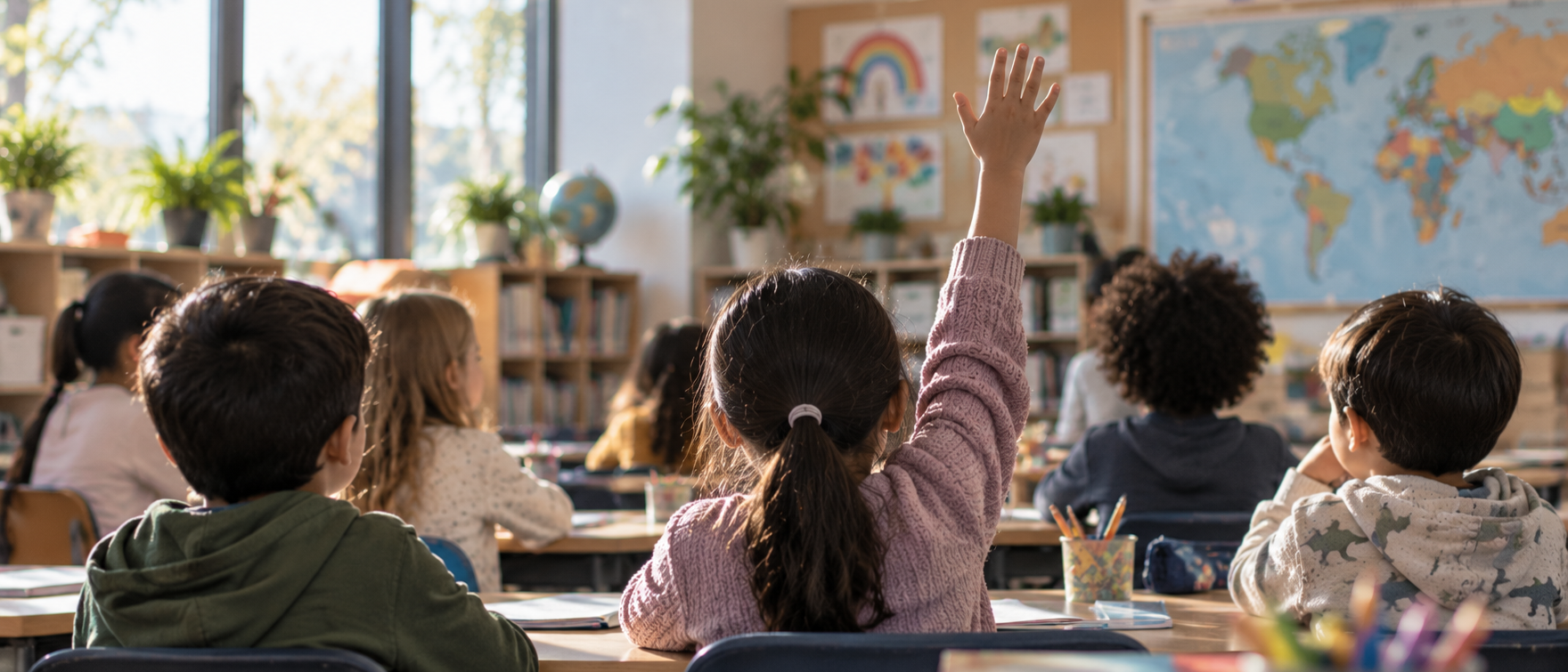 Primary school student raising a hand in class, a world map on the wall ahead