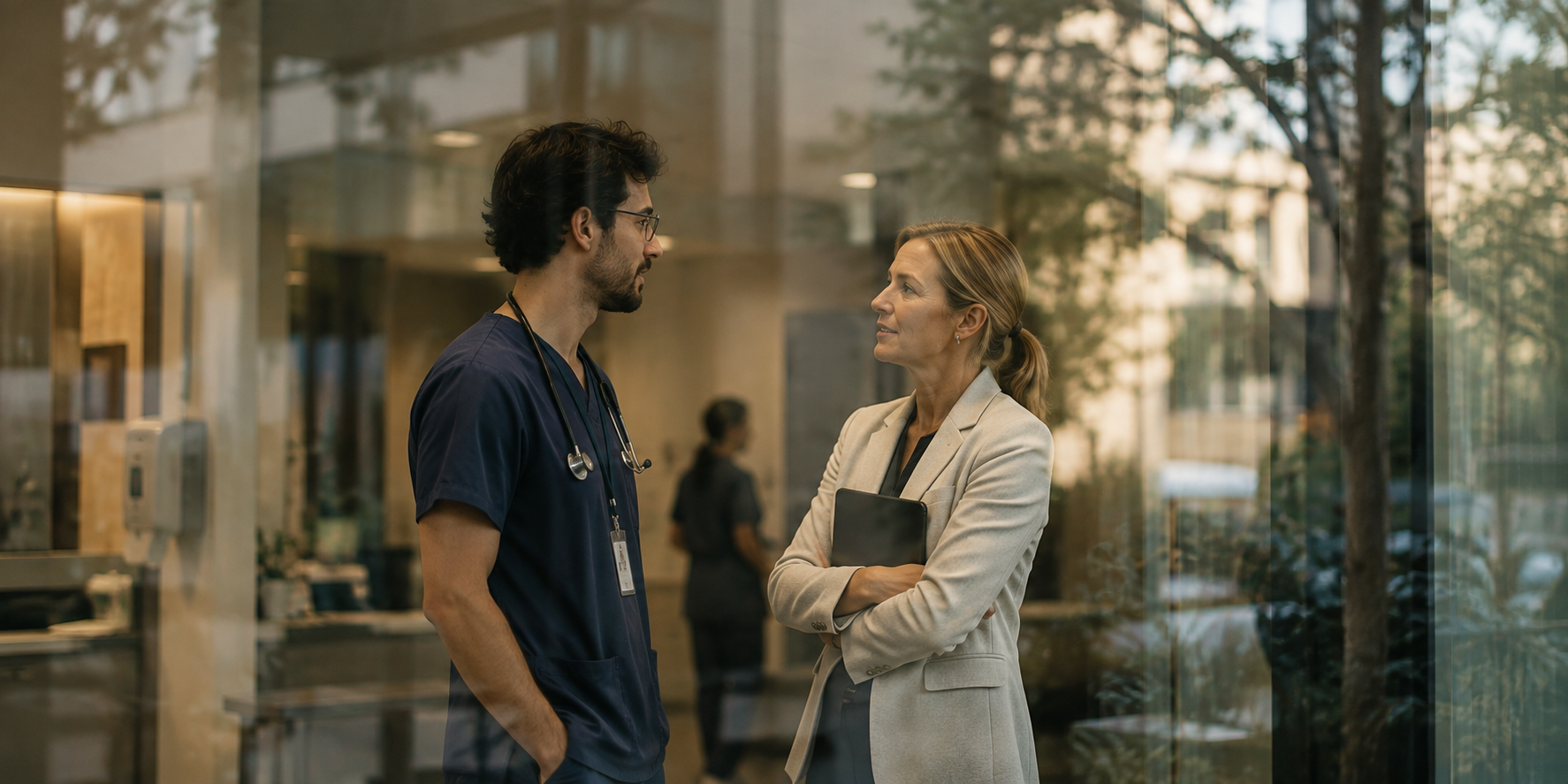 Clinician in scrubs talking with a colleague in a hospital foyer, seen through glass