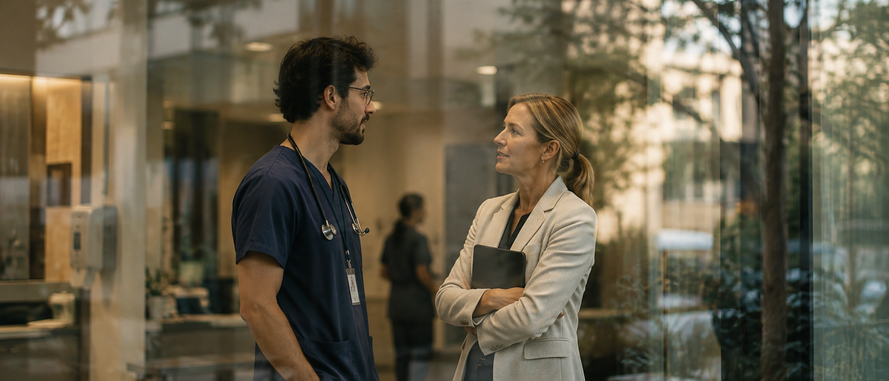 Clinician in scrubs talking with a colleague in a hospital foyer, seen through glass