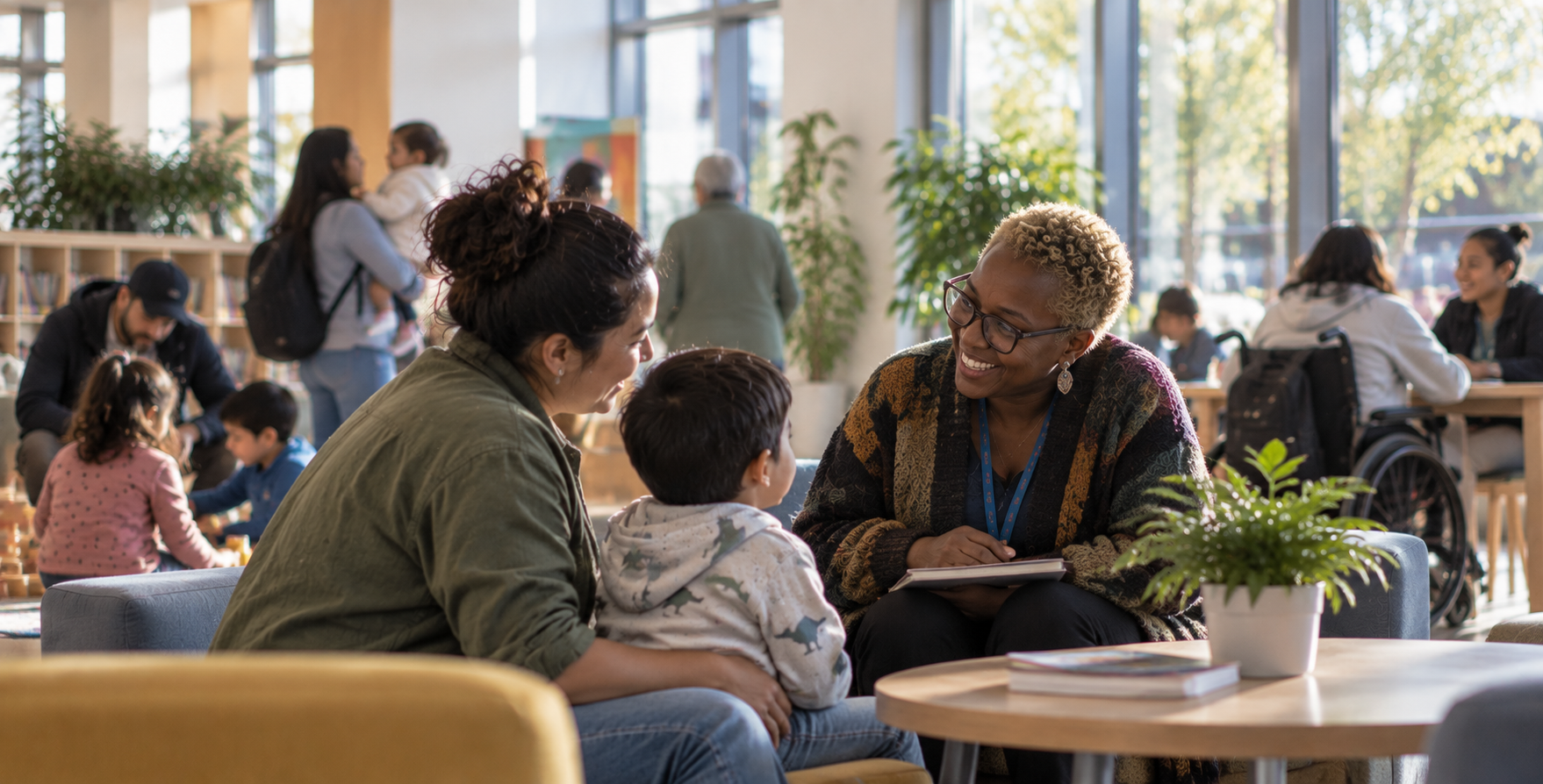 Caseworker with a notebook talking with a parent and child in a busy community centre