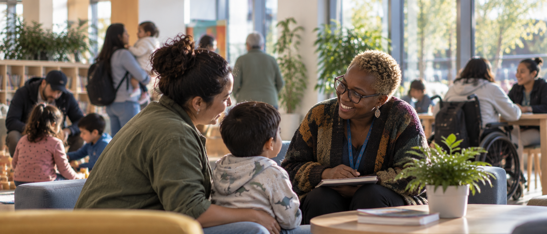 Caseworker with a notebook talking with a parent and child in a busy community centre