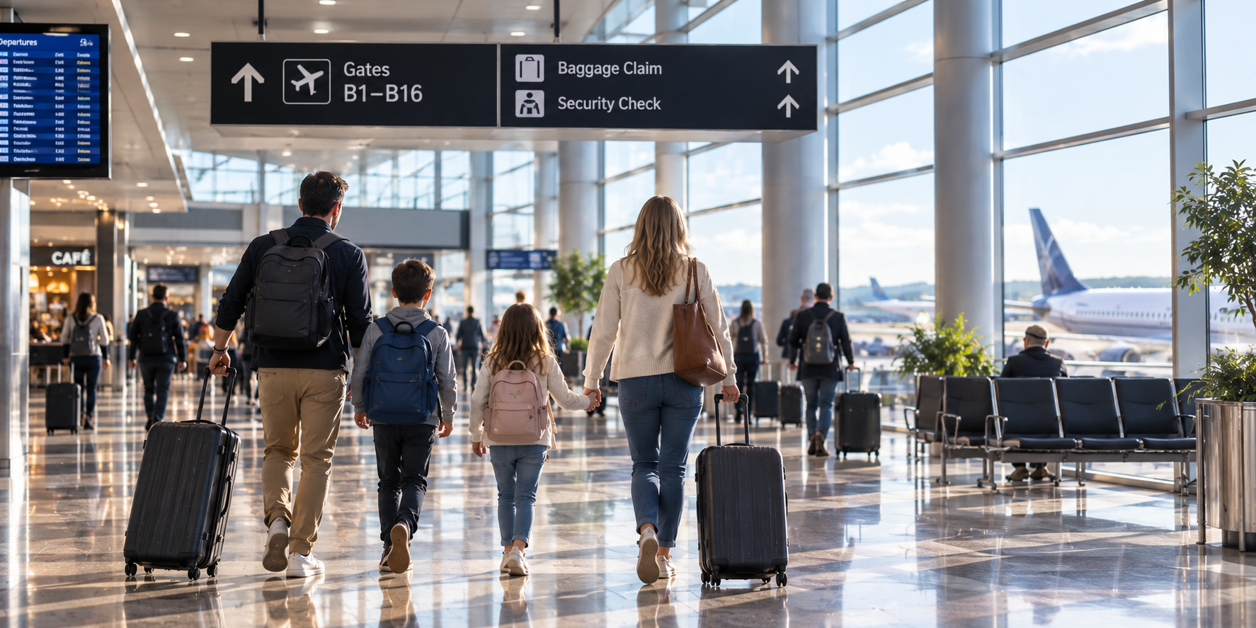 Family wheeling luggage through an airport terminal beneath wayfinding signage