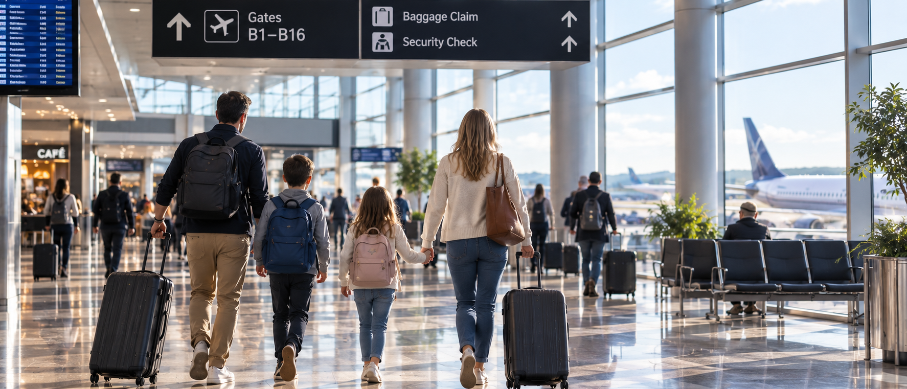 Family wheeling luggage through an airport terminal beneath wayfinding signage