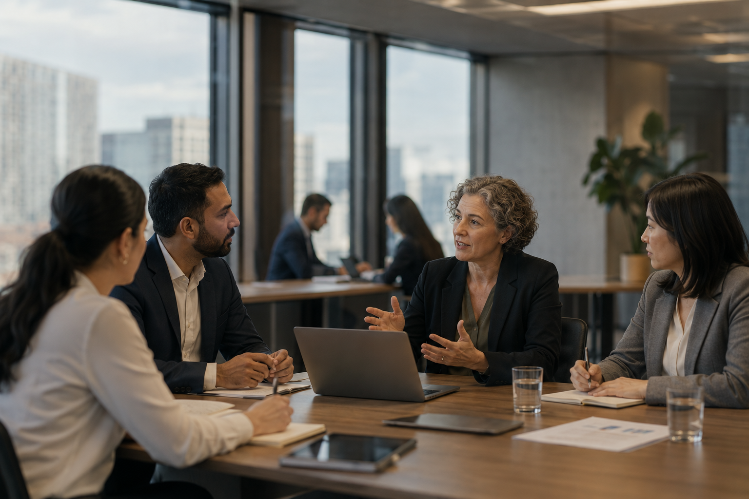 Public sector team in discussion around a laptop in a boardroom overlooking the city