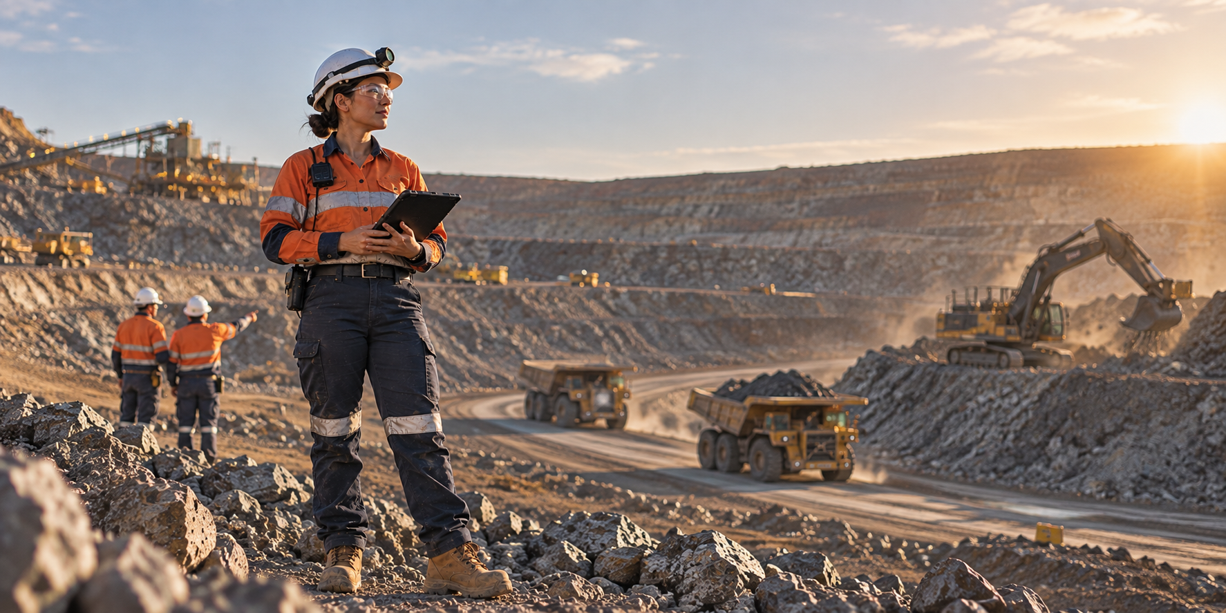 Mine worker with a tablet overlooking an open-pit haul road at sunset