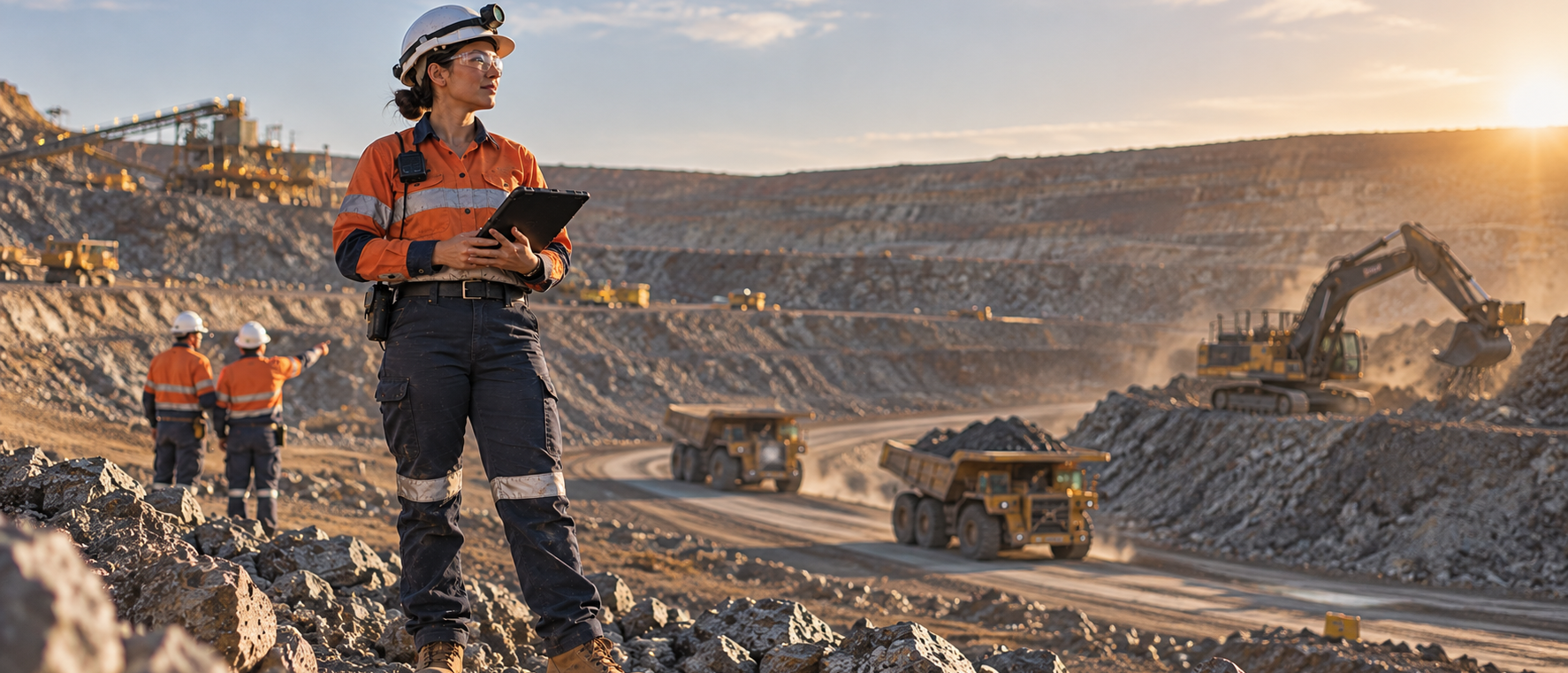 Mine worker with a tablet overlooking an open-pit haul road at sunset