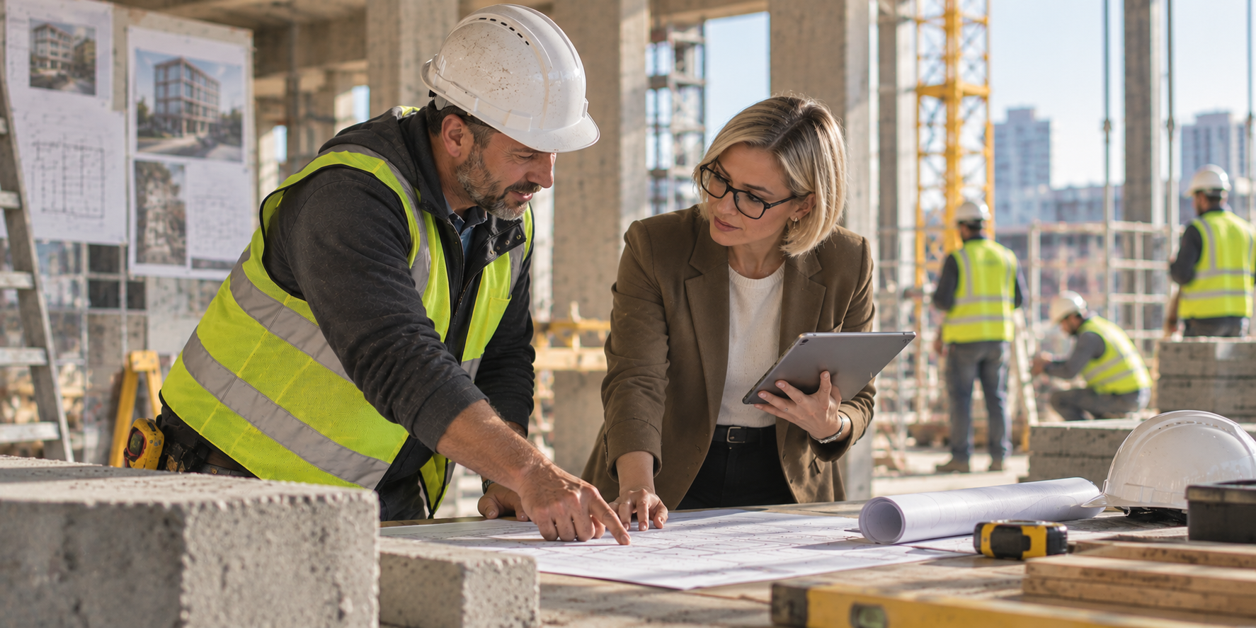 Site manager and architect reviewing drawings together on a construction site