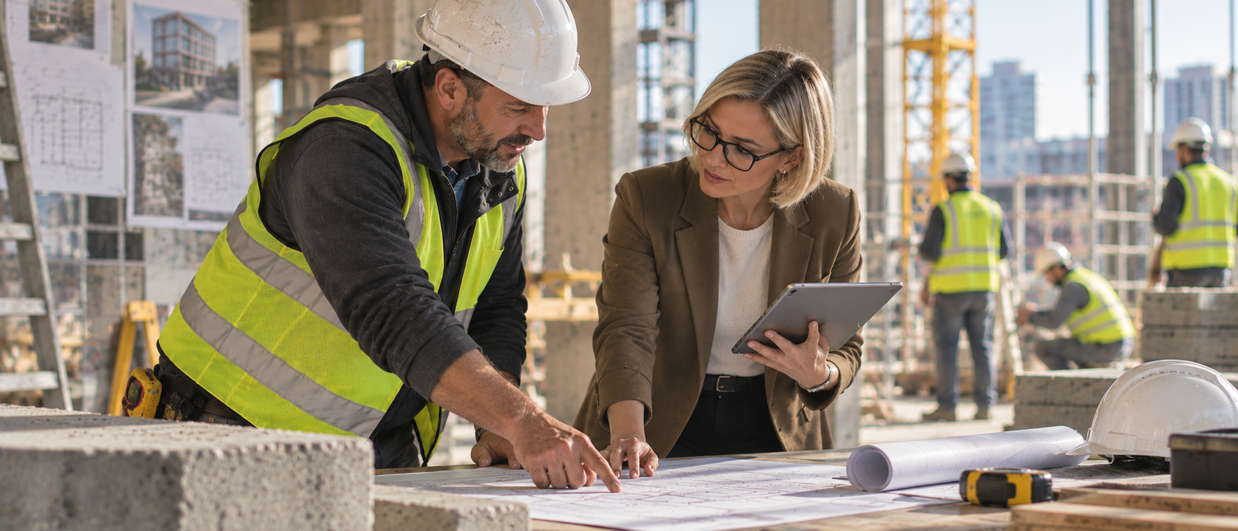 Site manager and architect reviewing drawings together on a construction site