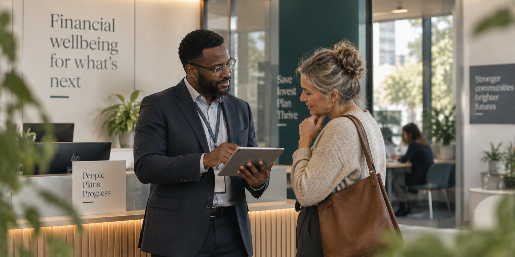 Bank adviser walking a customer through options on a tablet in a branch