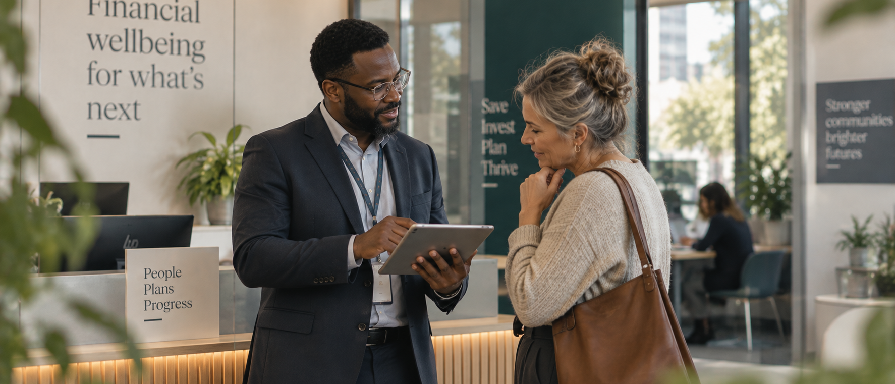 Bank adviser walking a customer through options on a tablet in a branch
