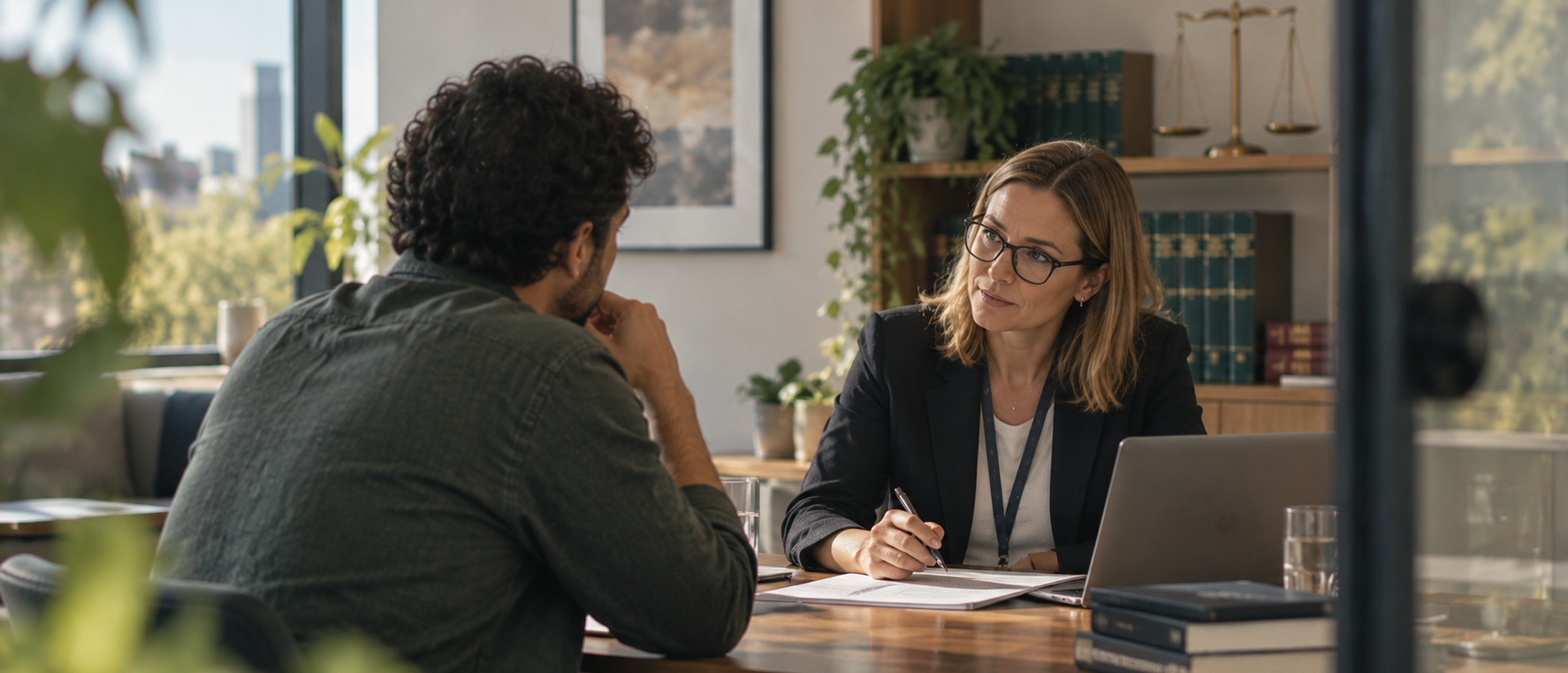 Lawyer taking notes across the desk from a client in chambers
