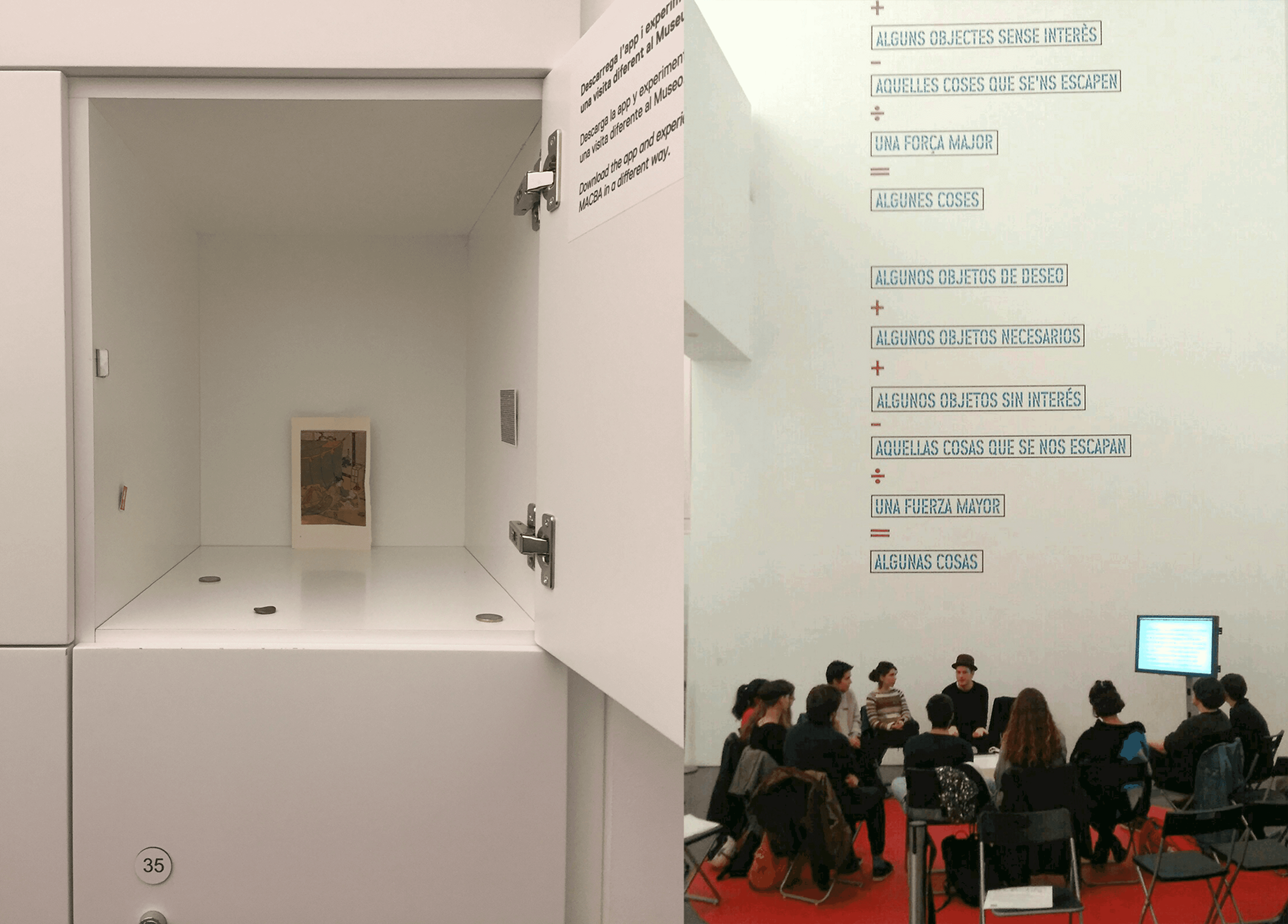 MACBA, Barcelona, Spain.

Curated by Jordi Ferreiro. Part of the collection is exhibited as a small exhibition inside the different lockers and the keys are distributed through the different rooms of the museum for the public to discover it freely. More information here.