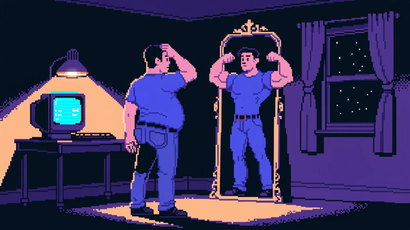 Ilustración pixel art de un hombre con camisa azul fajada, jeans y algo de panza, rascándose la cabeza frente a un espejo de marco dorado; en el reflejo aparece un fisicoculturista con la misma camisa sacando músculo, en un cuarto en penumbra con una lámpara y una computadora antigua.