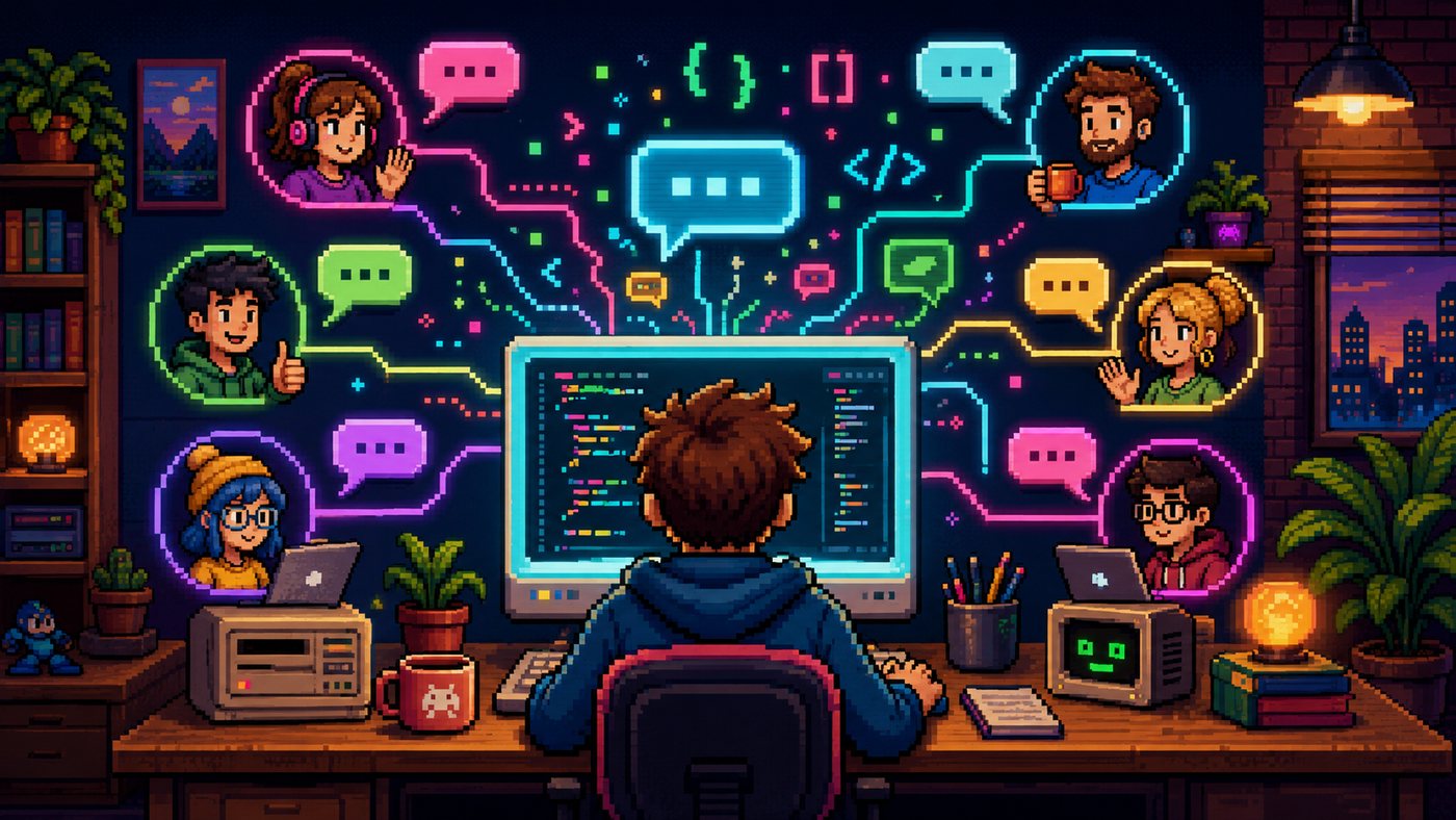 Pixel art de un programador frente a una computadora con globos de diálogo neón que lo conectan con un equipo de personas alrededor