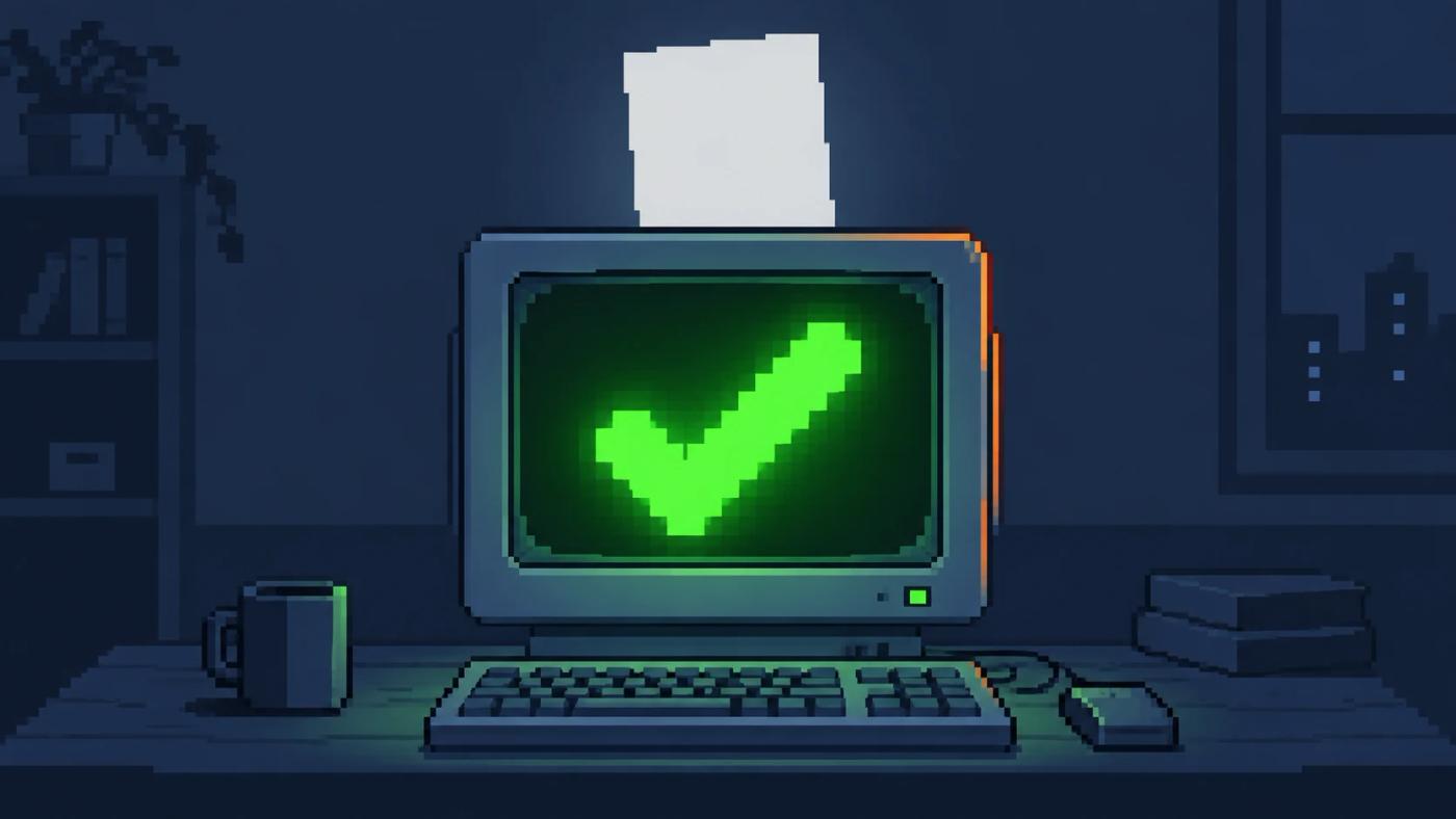 Ilustración pixel art de una pantalla con una gran palomita verde encendida, y detrás de ella una hoja vacía con un 404 apenas visible en la penumbra, iluminada por una rendija naranja.
