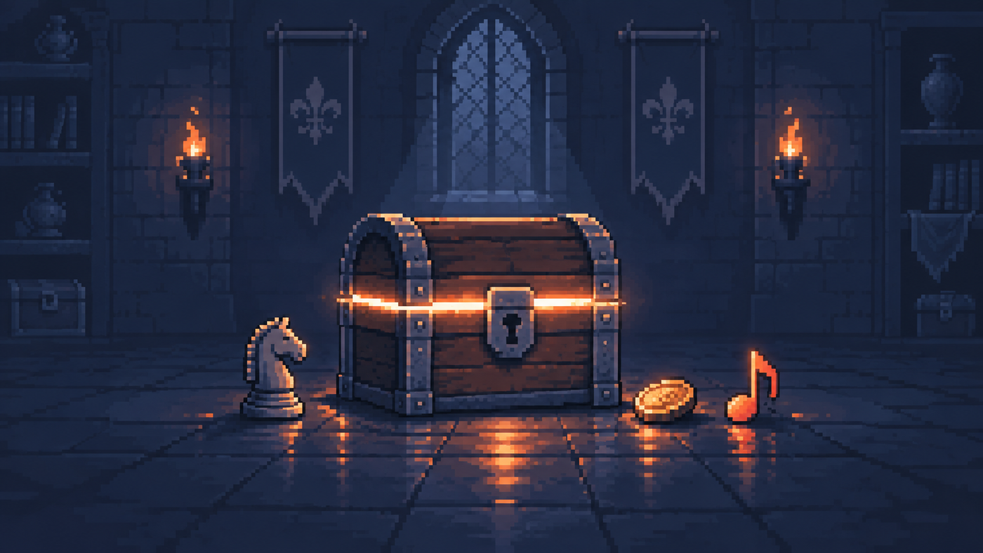 Pixel art de 8 bits: un cofre cerrado en una habitacion en penumbra con una rendija de luz naranja saliendo de la tapa, y en el suelo un caballo de ajedrez, una moneda y una nota musical esperando a que lo abran.